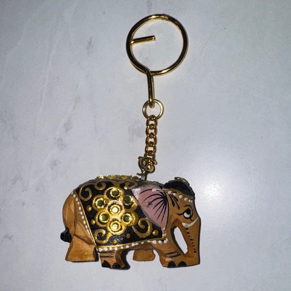 Other - Elephant Keychain Gold Accents intricate carving painting wooden elephant